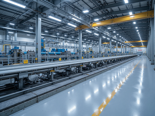 Modern tile manufacturing facility interior with advanced equipment and clean production lines, bright industrial lighting