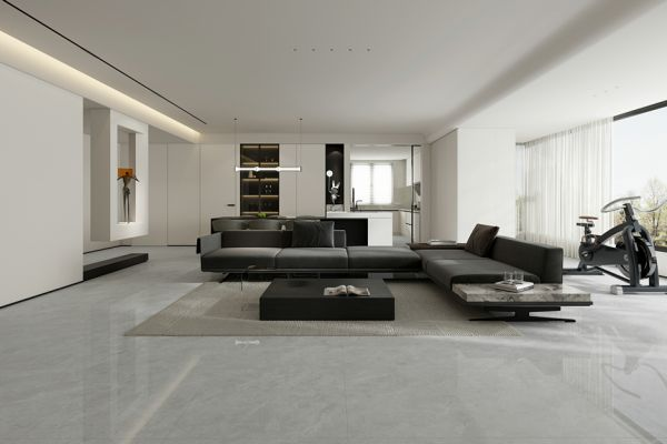 750x1500mm porcelain tile in concrete pattern with gray tones, industrial finish